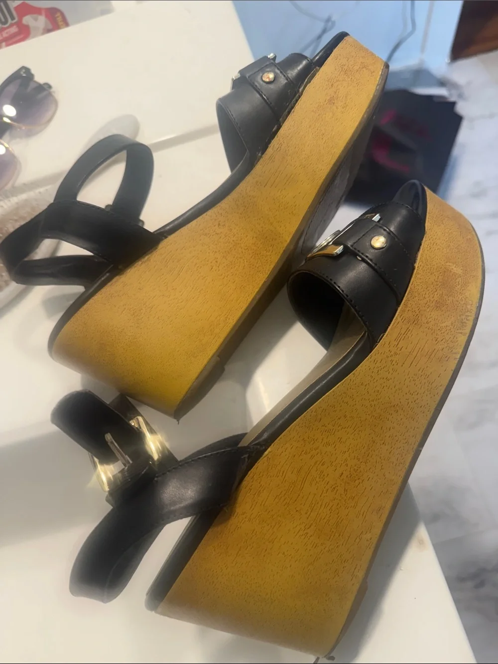 Guess Black Leather Wedge Sandals with Gold Accent